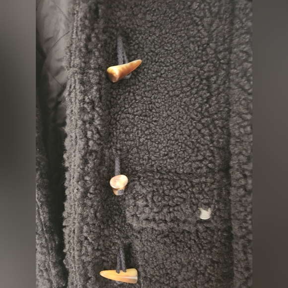 LUCKY BRAND FAUX FUR SHEARLING HOODIE TOGGLE BUTTON SHERPA COAT WOMEN Sz.XS Blk - Picture 10 of 12